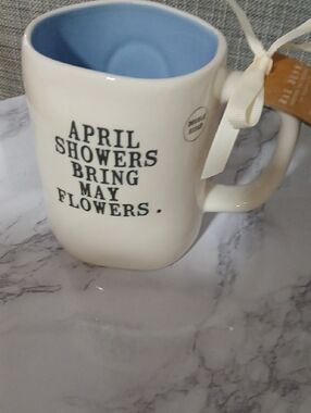Rae Dunn Cream Mug with Blue Interior - "April Showers"